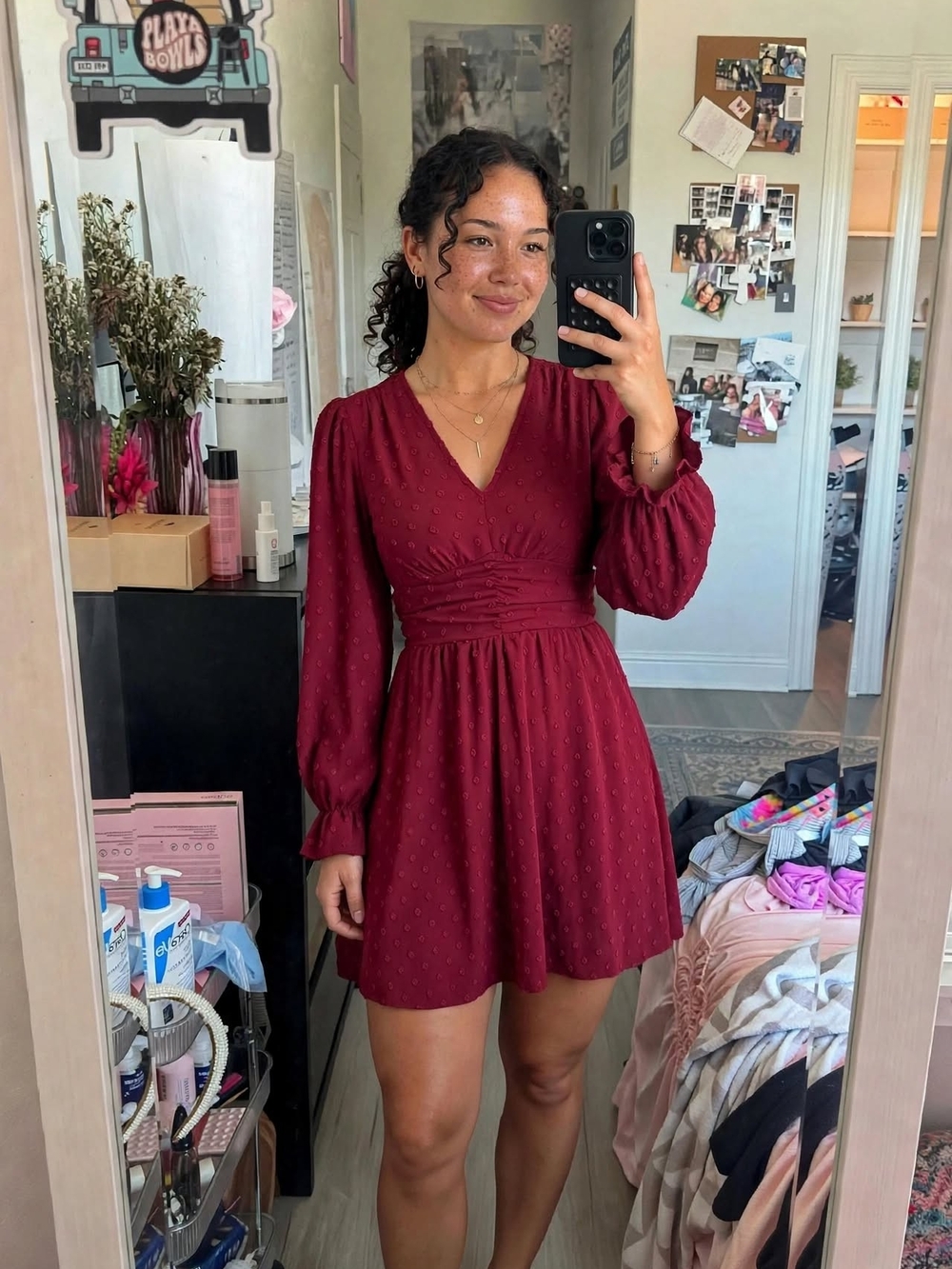 V-Neck Long Sleeve Mini Dress in Burgundy